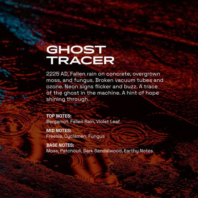 Ghost Tracer fragrance graphic showing rain ripples in a dark puddle with red and blue neon reflections. Text describes the scent as a futuristic, earthy blend with notes of bergamot, fallen rain, violet leaf, freesia, cyclamen, fungus, moss, patchouli, dark sandalwood, and earthy notes.