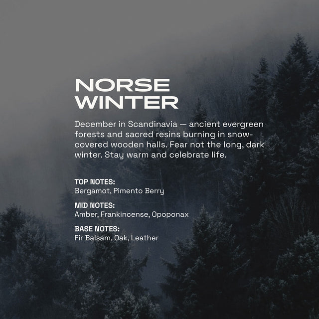 Norse Winter fragrance graphic showing a misty evergreen forest in cool blue-gray tones. Text describes the scent as a cold, resinous winter blend with notes of bergamot, pimento berry, amber, frankincense, opoponax, fir balsam, oak, and leather.