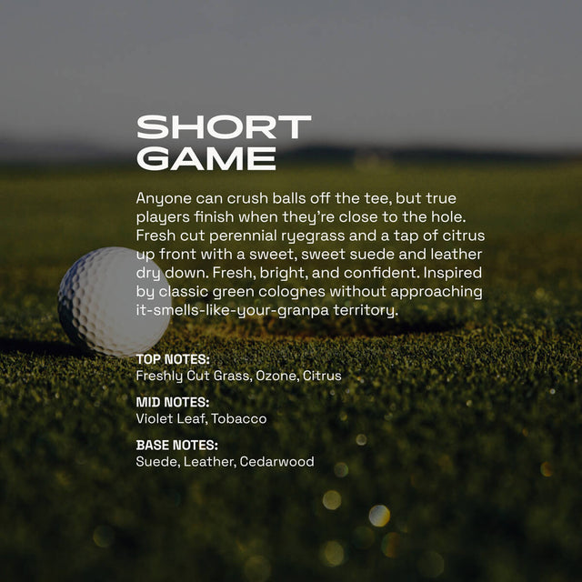 Short Game fragrance graphic showing a golf ball on fresh green grass. Text describes a bright green scent with notes of freshly cut grass, ozone, citrus, violet leaf, tobacco, suede, leather, and cedarwood.