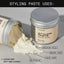 Infographic showing uses of Styling Paste. A container with the lid off reveals the creamy consistency inside, labeled for medium hold with a satin finish, used for beard, mustache, and head hair. The text indicates it leaves hair soft and flexible.