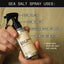 Infographic detailing the uses of Sea Salt Spray. It features a hand holding the product container, which is noted for adding volume and texture, enhancing waves and curls. Suitable for use on both head and beard hair, and made with Dead Sea salt and kaolin.